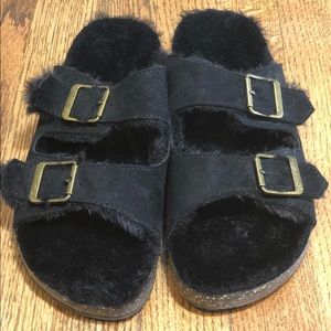 NWOT - Black Fuzzy Birkenstock-style Shoes